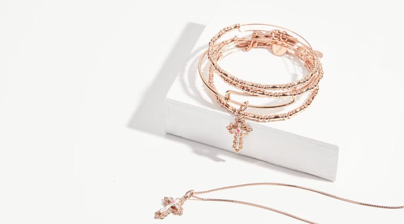 rose gold bracelet stack and necklace with floral cross