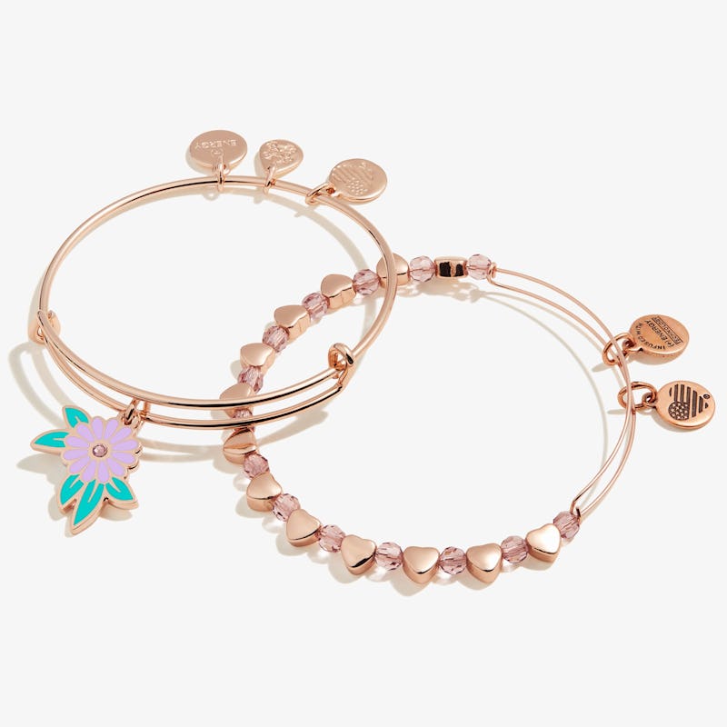 Flower + Hearts Charm Bangle Bracelets, Set of 2