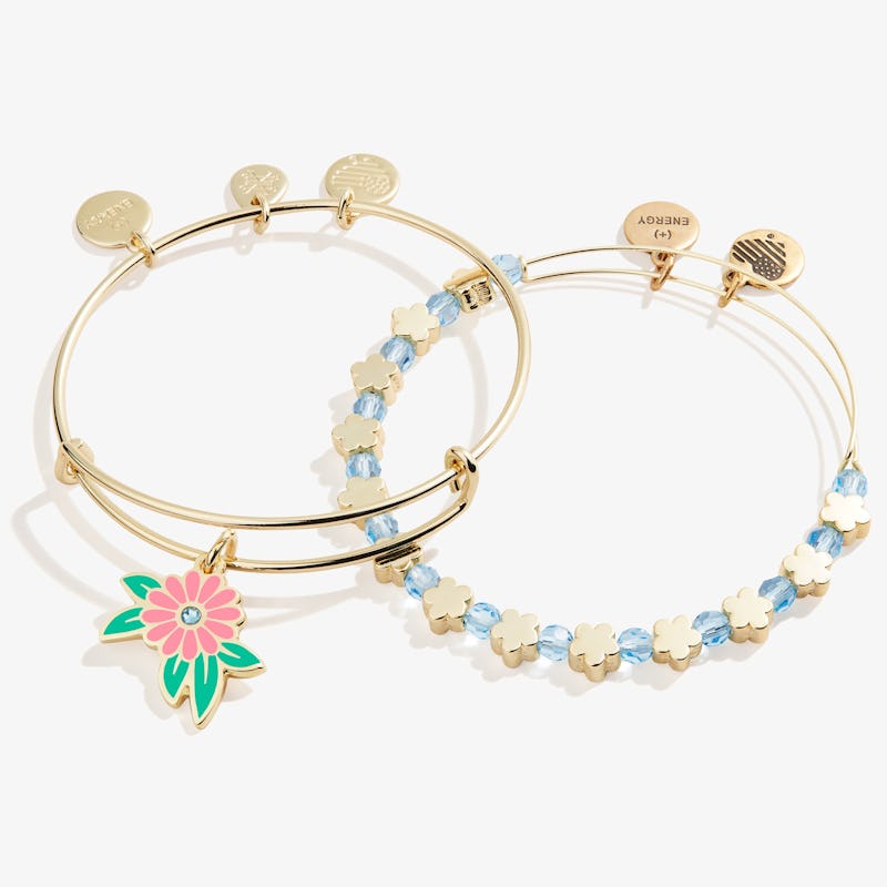 Flower Charm Bangle Bracelets, Set of 2