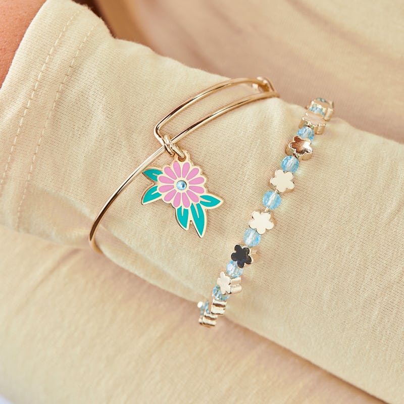 Flower Charm Bangle Bracelets, Set of 2