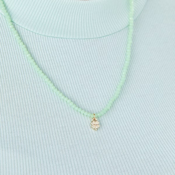 Good Fortune Four-Leaf Clover + Green Bead Necklace